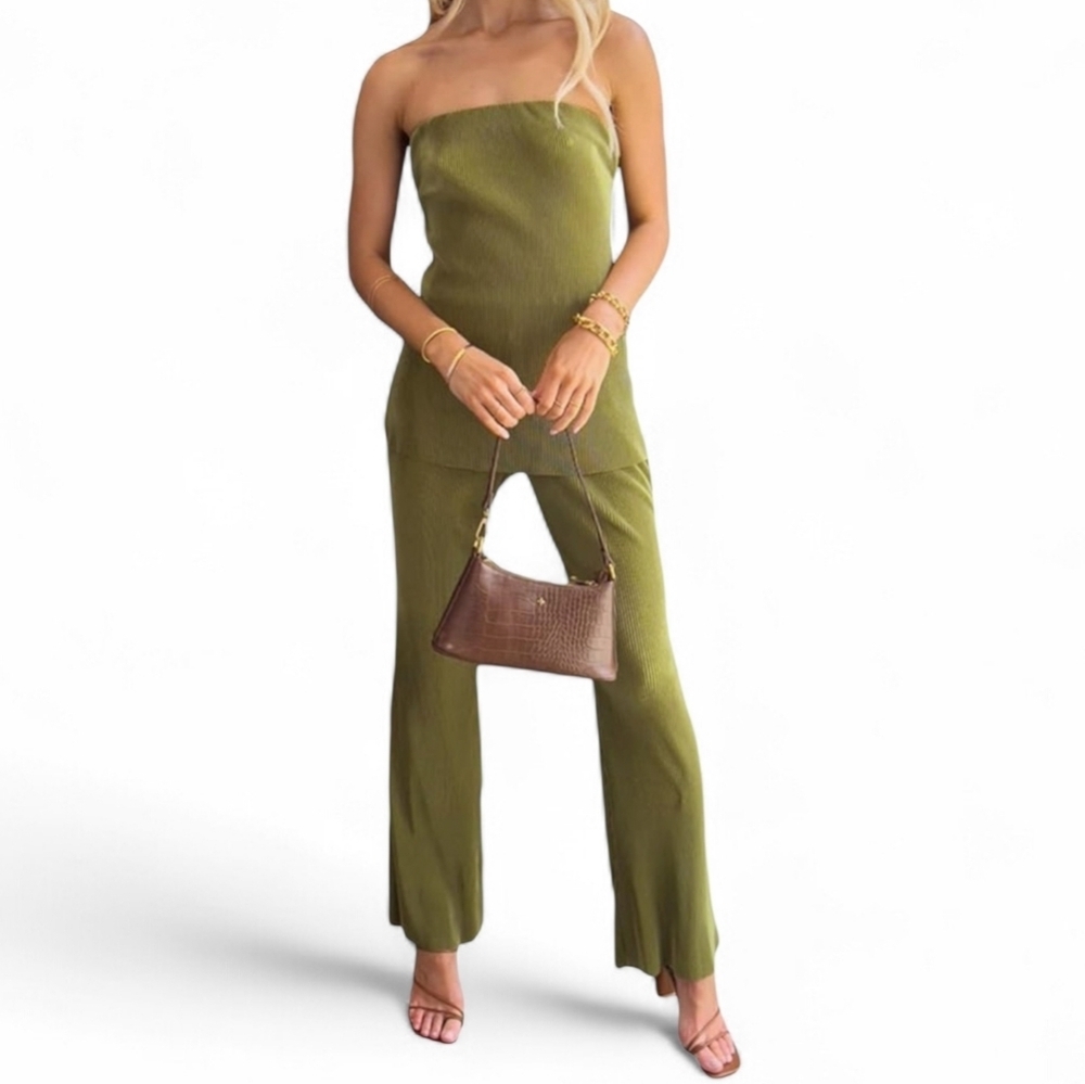 Green Pleated Matching Tube Top And Wide Leg Pants 2PC Set